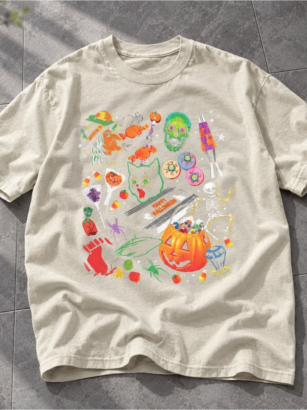 Colorful Candy & Pumpkin Gildan Cream Halloween Graphic Tee